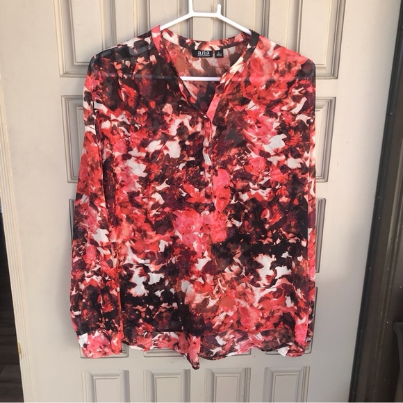 Ana SzL Button Down Blouse Pink/Blk Long Sleeve V Neck Button Cuffs - Picture 4 of 10